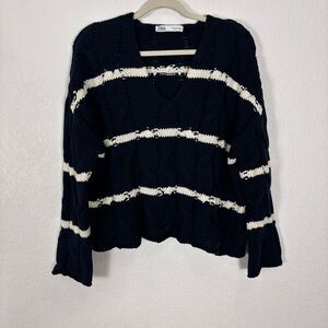 Zara Navy Blue with White Striped V Neck Pullover Sweater Women's Size Small